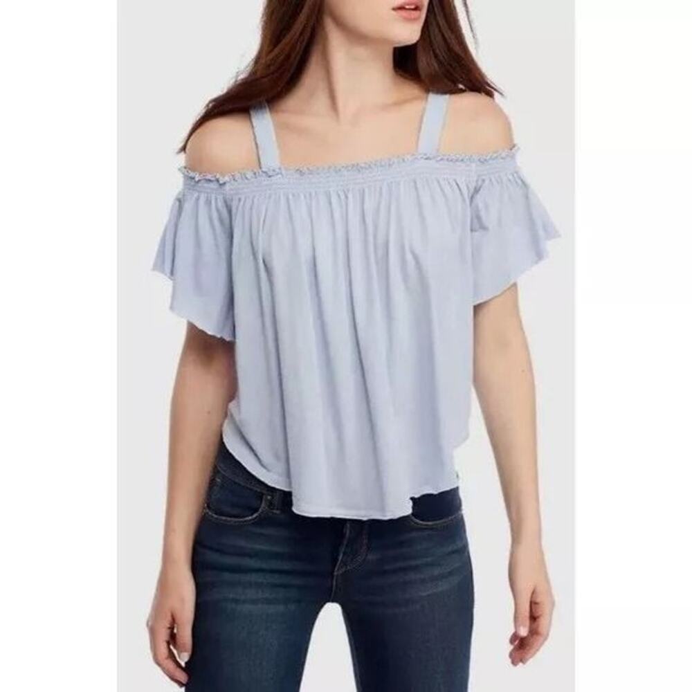 Free People Darling Cold-Shoulder Cotton Flowing Blouse in Sky Blue